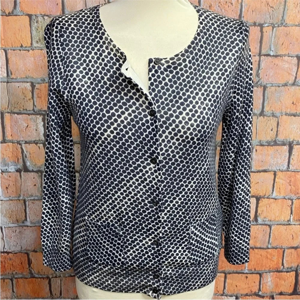 J. Crew Gray and White Polka Dot Merino Wool Cardigan‎ Sweater